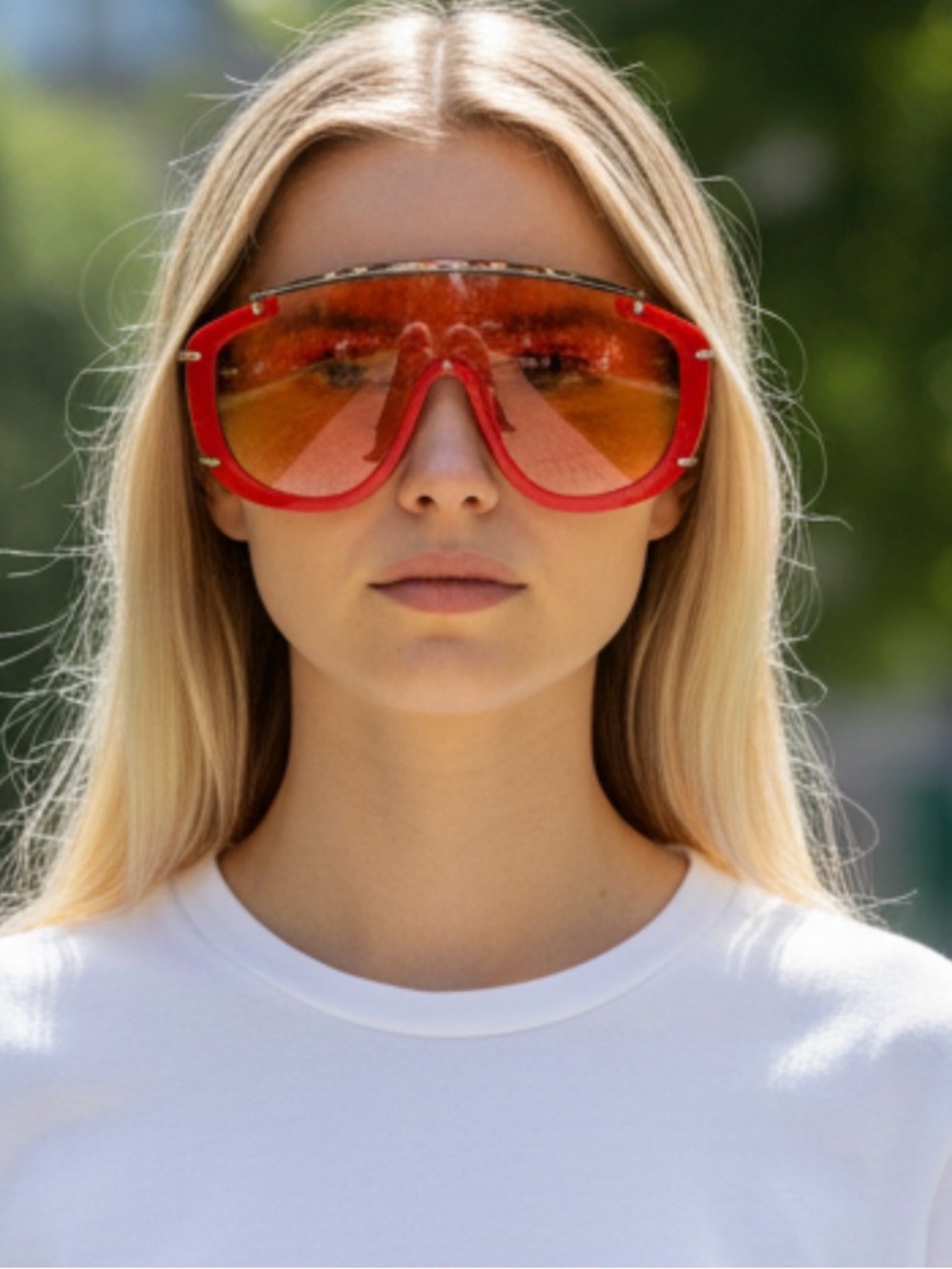 Beautiful Women's Orange Shield Sunglasses box, case, and dust cloth included